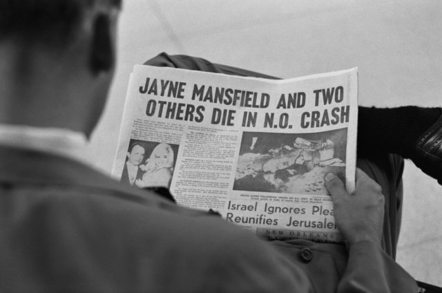 Newspaper talking about the car crash that killed Mansfield